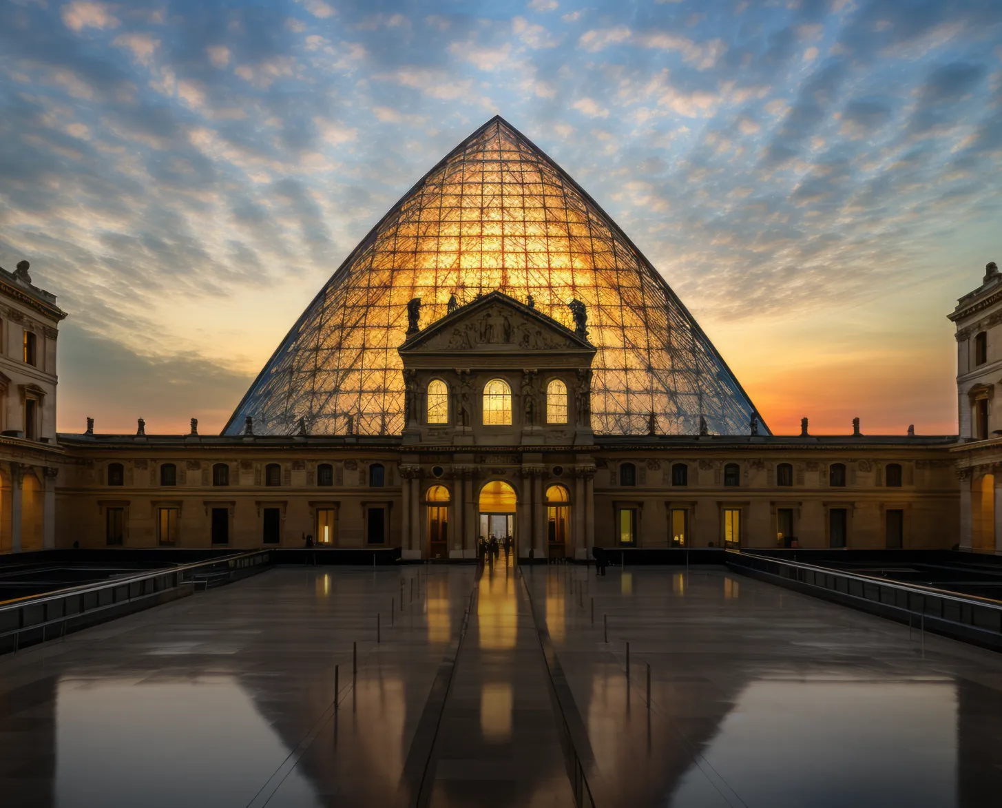 Pirâmide do Louvre iluminada ao entardecer, em Paris